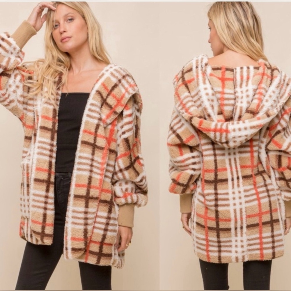 Hem & Thread Plaid Hooded Jacket - Brown, White, Orange